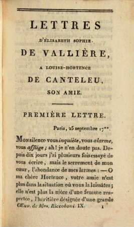 Oeuvres complètes de Madame Riccoboni, 9. Lettres d'Élisabeth Sophie de Vallière