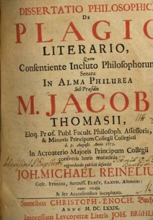Dissertatio Philosophica De Plagio Literario
