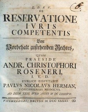 De reservatione iuris competentis : = Von Vorbehalt zustehenden Rechtes