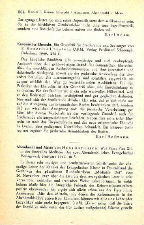 504-506 [Rezension] Asmussen, Hans Christian, Abendmahl und Messe