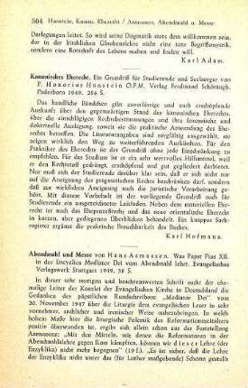 504-506 [Rezension] Asmussen, Hans Christian, Abendmahl und Messe