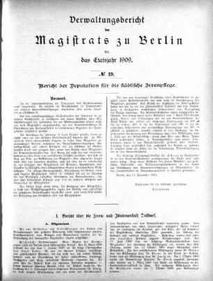 No. 19. Bericht der Deputation für die städtische Irrenpflege
