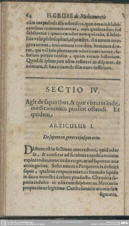 Sectio IV. Agit de saporibus, & quae virtutes inde medicaminum possint ostendi. Et quidem