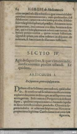 Sectio IV. Agit de saporibus, & quae virtutes inde medicaminum possint ostendi. Et quidem