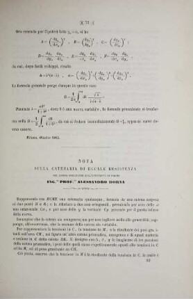 Nota sulla catenaria di eguale resistenza, del libero insegnante nell'università di Torino.