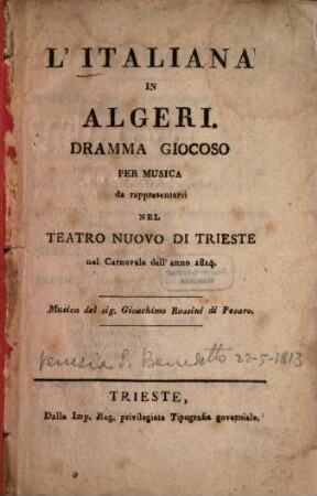 L' Italiana in Algeri : Dramma giocoso per musica