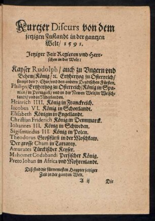 Kurtzer Discurs von dem jetzigen Zustandt in der gantzen Welt/ 1591.