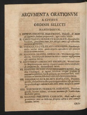 Argumenta Orationum A Civibus Ordinis Selecti