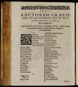 Index Auctorum Græcorum Et Latinorum, Qui In Hoc De Rerum Sufficientia libro laudantur.