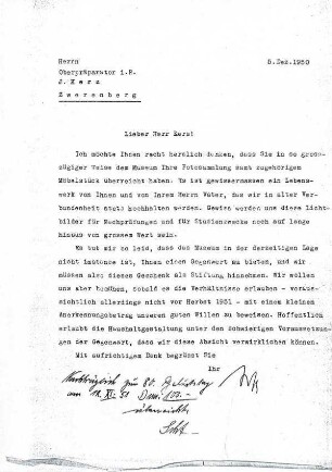 Schreiben an Joseph Kerz bezüglich seiner Fotosammlung