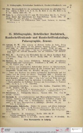 II. Bibliographie, Hebräischer Buchdruck, Handschriftenkunde und Handschriftenkataloge, Palaeographie, Zensur (Nr. 210 - 320)