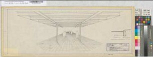 Schaubild von einer aus Stahl und Holz gefertigten Bahnsteigüberdachung nach Vorschlag Dezernat 48A Tb3: Schaubild, Detailschnitt, M. 1:10