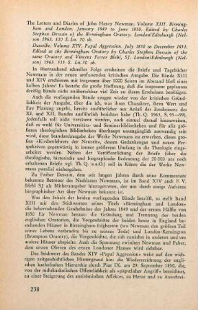 238-239 [Rezension] Newman, John Henry, The letters and diaries of John Henry Newman