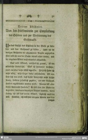 Dritter Abschnitt. Von den Hülfsmitteln zur Empfindung des Schönen und zur Verfeinerung des Geschmacks