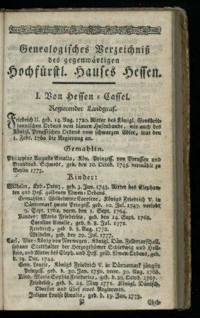 Genealogisches Verzeichniß des gegenwaertigen Hochfuerstl. Hauses Hessen