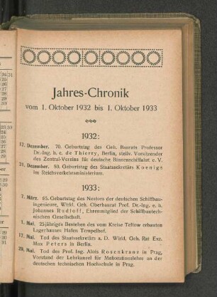 Jahres-Chronik vom 1. Oktober 1932 bis 1. Oktober 1933