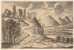 Die Burg in Dohna im Müglitztal südöstlich von Dresden (im alten Zustand von vor 1402), aus Heckels Historischer Beschreibung (von ...) Königstein von 1737