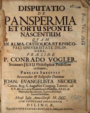 Disputatio De Panspermia Et Ortu Sponte Nascentium