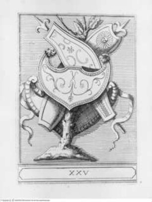 Memorie concernenti la città di Urbino dedicate alla Sagra Real Maestà di Giacomo III Re della Gran Bretagna, Trophäenschild; (Blatt 25)