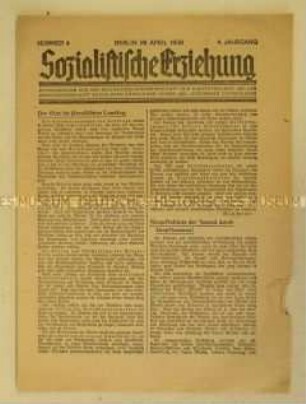 Sozialdemokratisches Mitteilungsblatt "Sozialistische Erziehung" u.a. zum Bildungsetat in Preußen