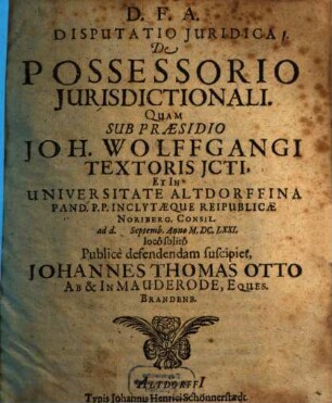Disputatio iuridica de possessorio iurisdictionali