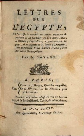 Lettres sur l'Egypte, 1. (1785)
