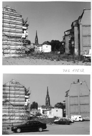 Dresden-Äußere Neustadt. Baustandort "Hundertwasser-Wohnkomplex"; Bautzner Straße/Einmündung Prießnitzstraße. Blick nach Westen gegen Turm der Martin-Luther-Kirche