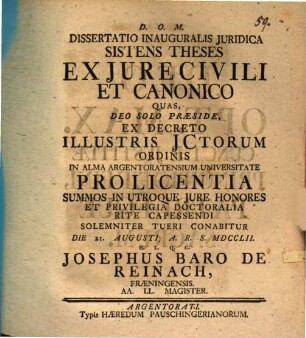 Dissertatio inauguralis juridica sistens theses ex jure civili et canonico