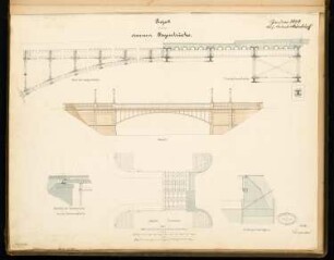 Eiserne Bogenbrücke über den Landwehrkanal, Berlin Monatskonkurrenz Januar 1879: Grundriss auf vier Ebenen, Aufriss Seitenansicht, Längsschnitt, Details; 3 Maßstabsleisten