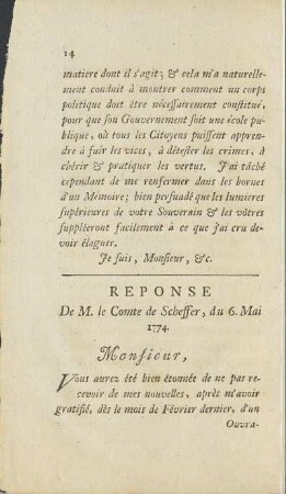 Response De M. le Comte de Scheffer, du 6. Mai 1774