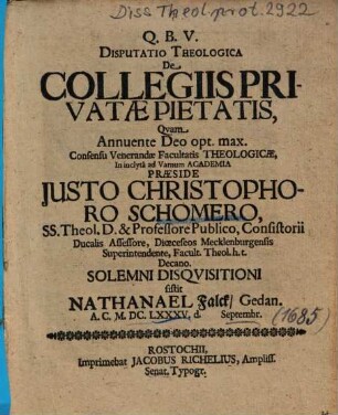 Disputatio Theologica De Collegiis Privatae Pietatis