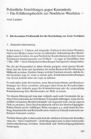 165-174, Polizeiliche Ermittlungen gegen Kassenärzte - Ein Erfahrungsbericht aus Nordrhein-Westfalen