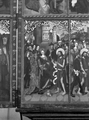 Altar in erster Öffnung — Szenen aus dem Leben Johannes des Täufers — Linker Innenflügel: Vier Szenen aus dem Leben des Heiligen — Johannes tadelt Herodes und Herodias
