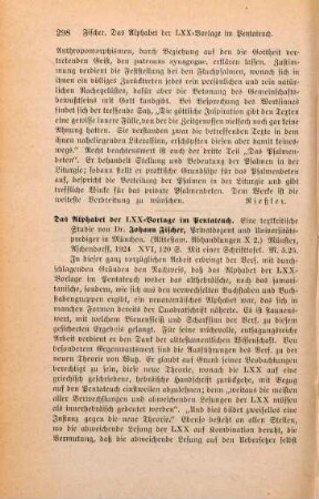 298-299 [Rezension] Fischer, Johann, Das Alphabet der LXX-Vorlage im Pentateuch