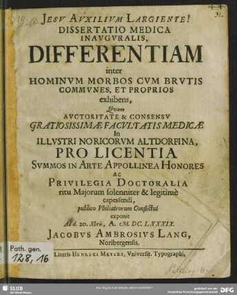 Dissertatio Medica Inavgvralis Differentiam Inter Hominvm Morbos Cvm Brvtis Commvnes, Et Proprios exhibens