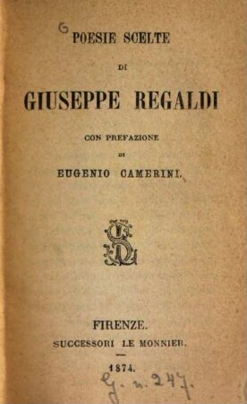 Poesie scelte di Giuseppe Regaldi con prefazione di Eugenie Camerini