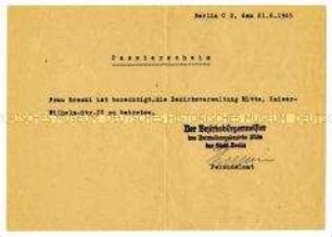 Ausweis zum Betreten der Bezirksverwaltung Berlin Mitte