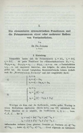 X. Die elementaren symmetrischen Functionen und die Potenzsummen einer oder mehrerer Reihen von Veränderlichen.