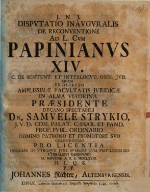 Disp. inaug. de reconventione, ad L. Cum Papinianus. XIV. C. de Sentent. et Interlocut. omn. iud.