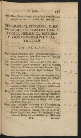 Geographici, Itinerarii, Chronologici, Diplomatici, Genealogici, Heraldici, Historia Civilis Universalis Et Particularis