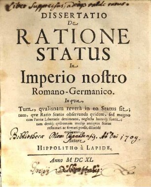 Dissertatio de ratione status in imperio nostro Romano-Germanico