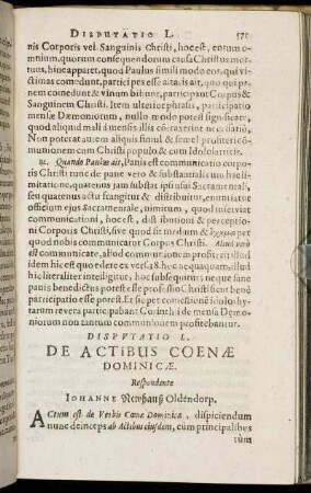Disputatio L. De Actibus Coenae Dominicae