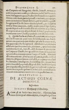 Disputatio L. De Actibus Coenae Dominicae