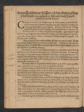 Verzeichnüß derer Bücher/ so den Leipzigischen OsterMarckt 1630. außgehen/ ...