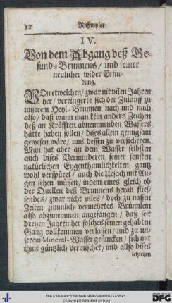 IV. Von dem Abgang deß Gesund-Brunnens.