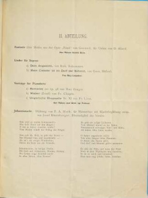 Programm zu dem am Freitag den 28. Februar 1890, abends 8 Uhr in den Central-Sälen stattfindenden Concerte des "Akademischen Gesangvereins München."