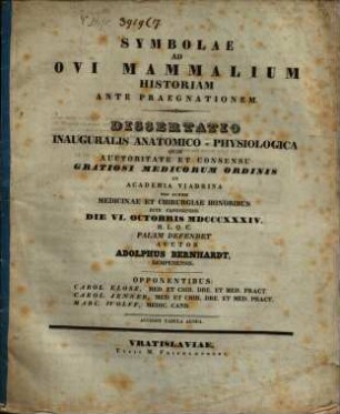 Symbolae ad ovi mammalium historiam ante praegnationem : Diss. inaug. anat.-phys. ; cum tab. aen.