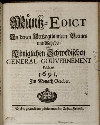Müntz-Edict In denen Hertzogthümern Bremen und Vehrden