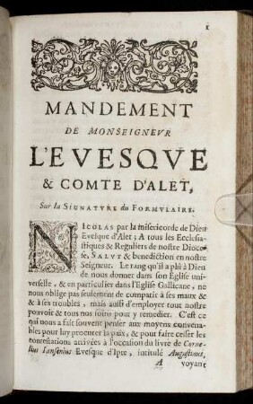 Mandement De Monseigneur L´Evesque & Comte D´Alet