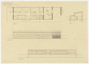Studienarbeiten: Atelierhaus, Werkstätten, Grundriss, Südansicht, Nordansicht 1:100